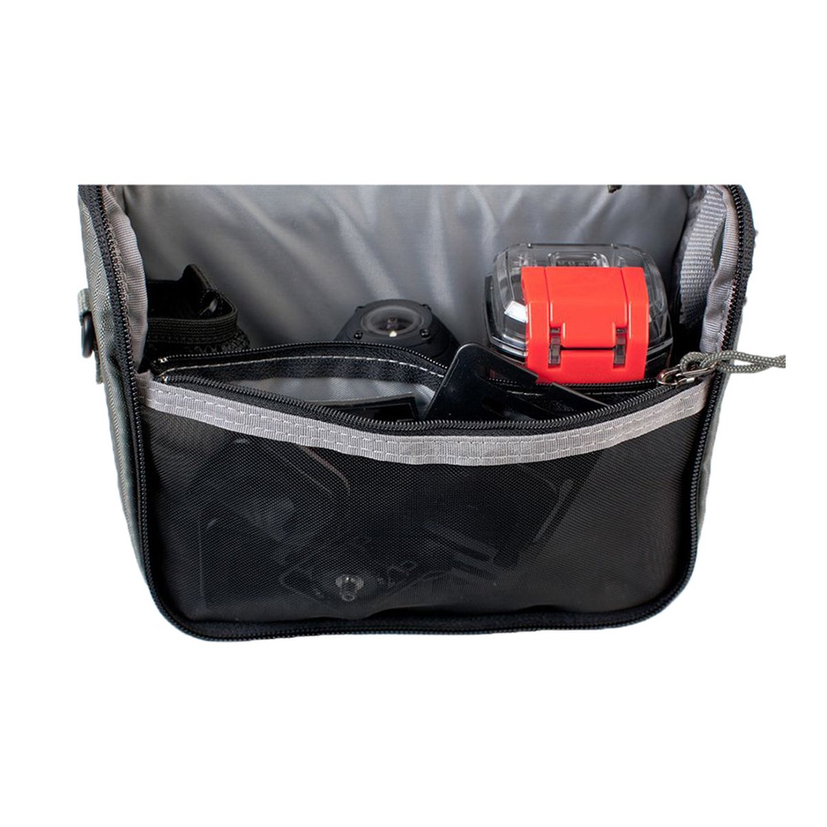 F-Stop Elkhorn Pouch Black - Innenansicht: Geöffnete Tasche mit Kamera, Uhr und weiteren Gegenständen in Organisationsfächern. F-Stop Elkhorn Pouch Black - Innenansicht: Geöffnete Tasche mit Kamera, Uhr und weiteren Gegenständen in Organisationsfächern.