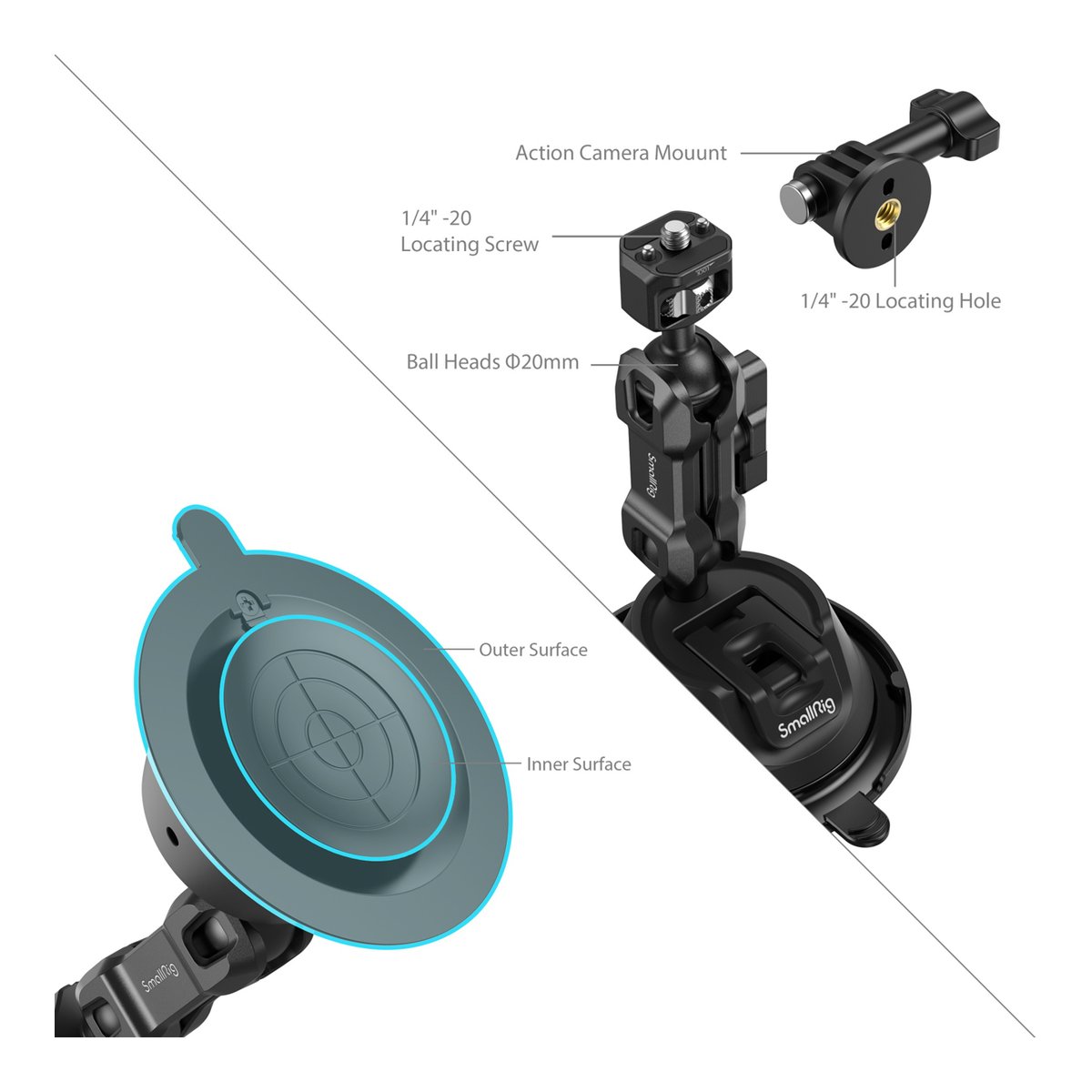SmallRig 4275 SC-1K Portable Suction Cup Mount Support Kit, Saugnapf+Handyhalter - Technische Ansicht der Saugnapf-Kamerahalterung: Kugelköpfe, Befestigungsschrauben und Saugnapf-Oberflächen erklärt.