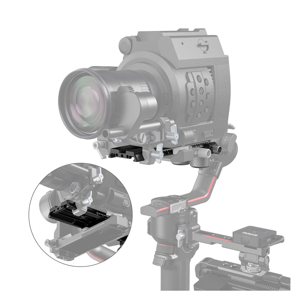 SmallRig 3031B Erweiterte QR-Platte für DJI RS 2 / Ronin-S / RS 3 / RS 3 Pro - Schnellwechselplatte montiert an Kamera und Gimbal; Detailansicht der Platte.