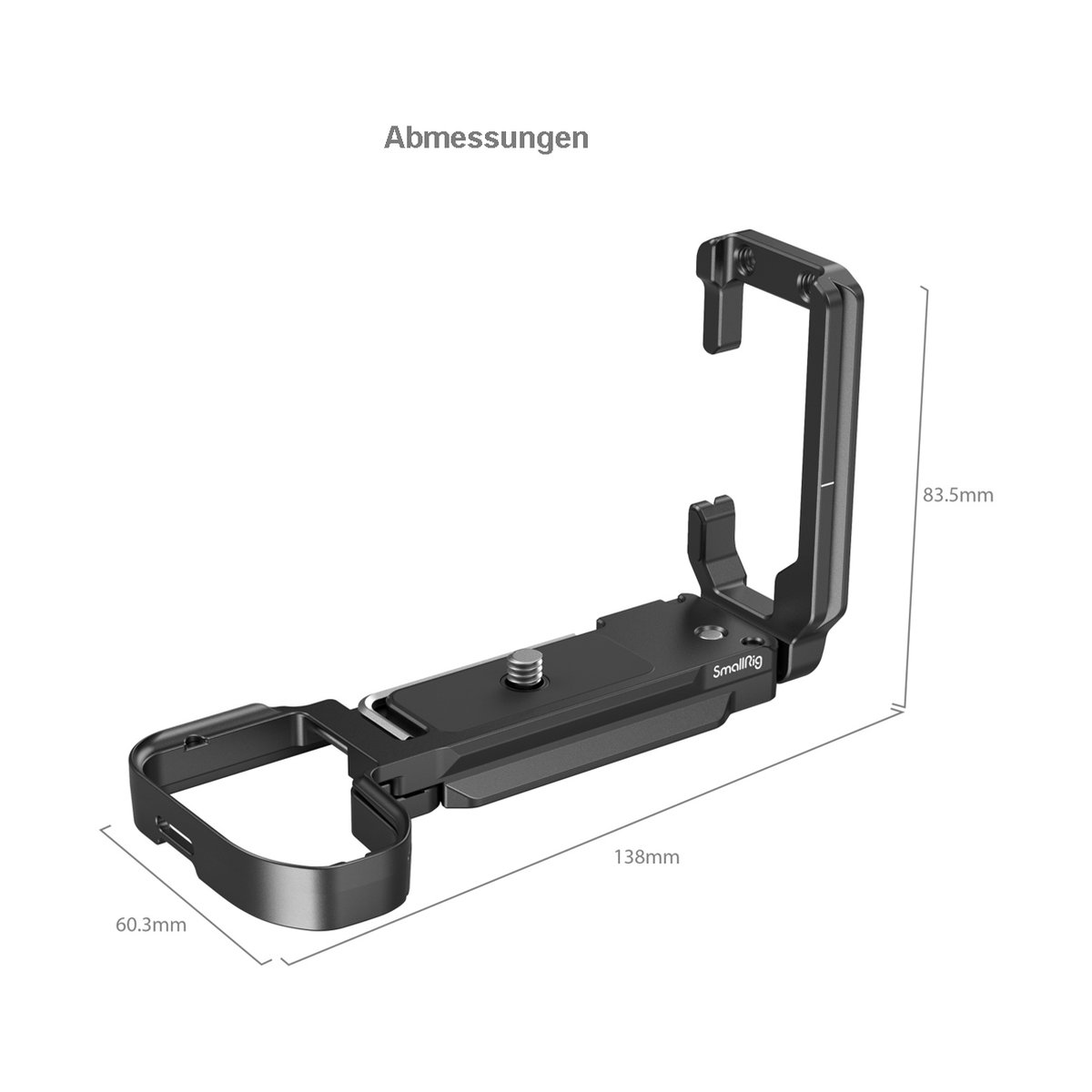 SmallRig 4231 L-Bracket für Fujifilm X-S20 - Abmessungen des SmallRig Kamerakäfigs/L-Winkels, perspektivische Ansicht mit Bemaßung.