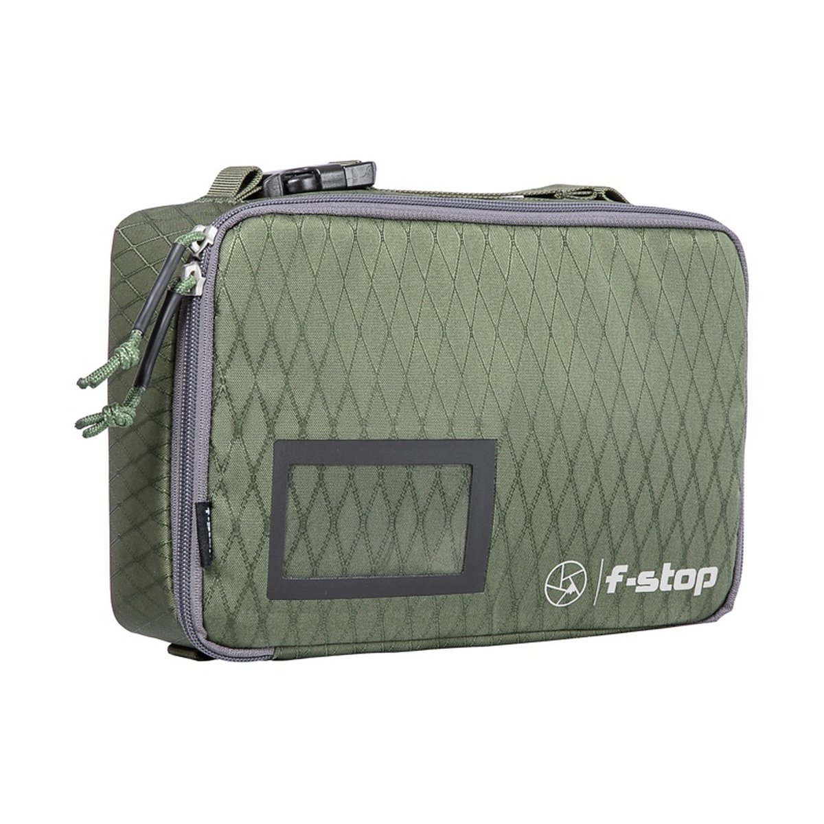 F-Stop Drone Case Small - Frontansicht der grünen f-stop Utility-Tasche mit Reißverschluss und transparentem ID-Fach.