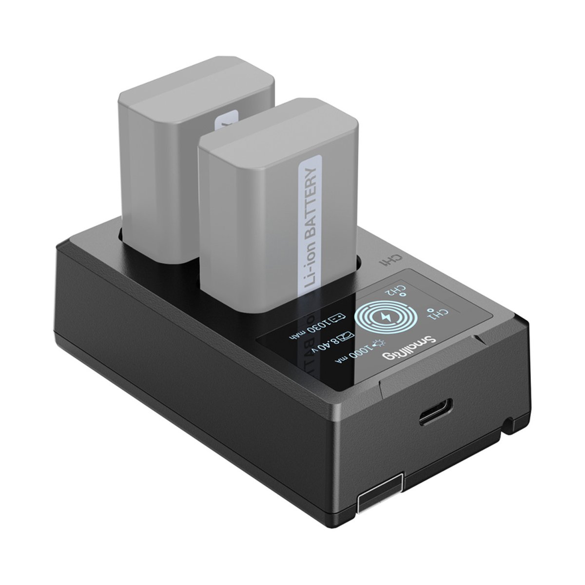 SmallRig 4081 NP-FW50 Akku Ladegerät - Produktansicht: SmallRig Dual-Ladegerät mit zwei Li-Ion Akkus und beleuchtetem Display.