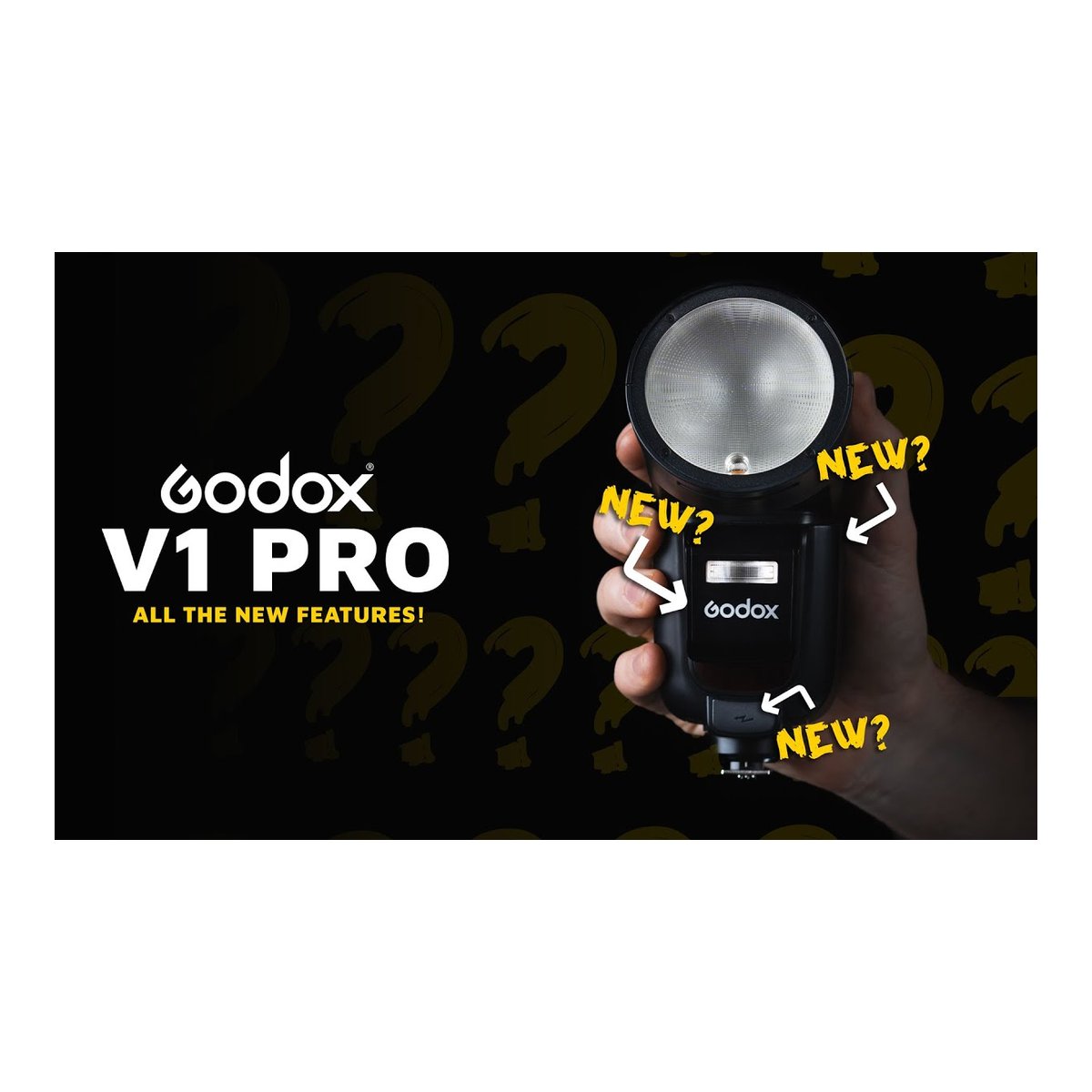 Godox Speedlite V1Pro Fujifilm - Frontansicht des Godox V1 Pro Blitzgeräts, von Hand gehalten, mit Hinweisen auf mögliche neue Funktionen.