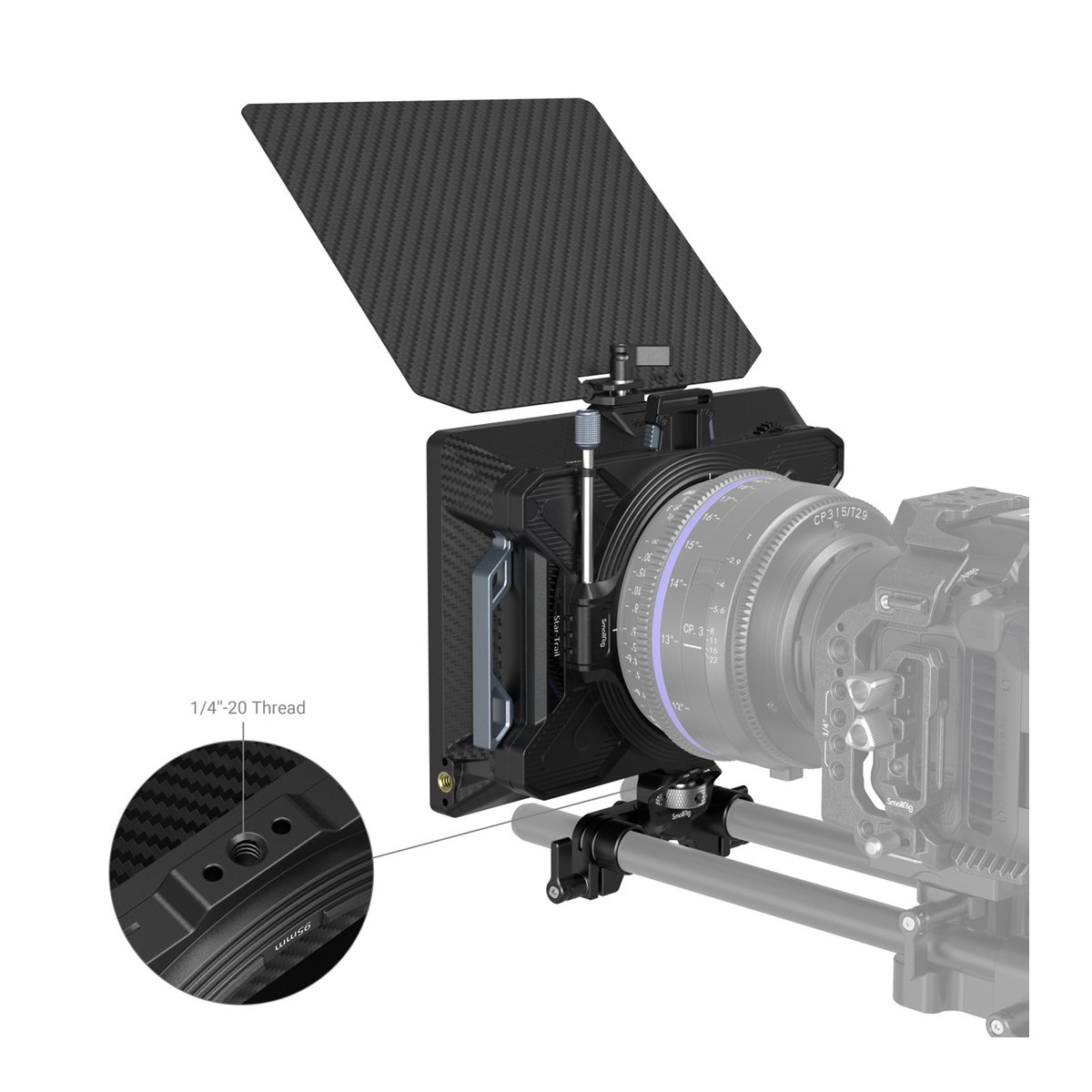 SmallRig 3645 modulare Matte Box (multifunktional, Ø 95 mm) VND Kit - Matte Box System an Kamera; Detailansicht des 1/4"-20 Gewindes an der Seitenplatte.