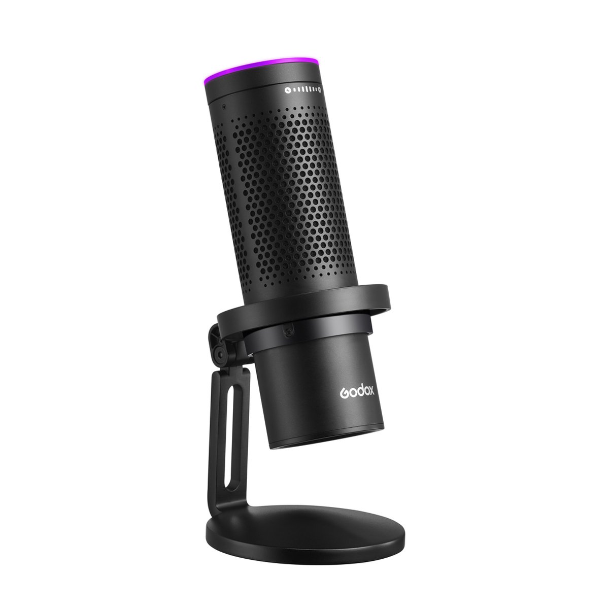 Godox RGB USB Condenser Microphone (w/ app control) EM68G - Schrägansicht des schwarzen Godox Mikrofons auf Ständer, mit perforierter Oberfläche und lila Beleuchtung am oberen Rand.