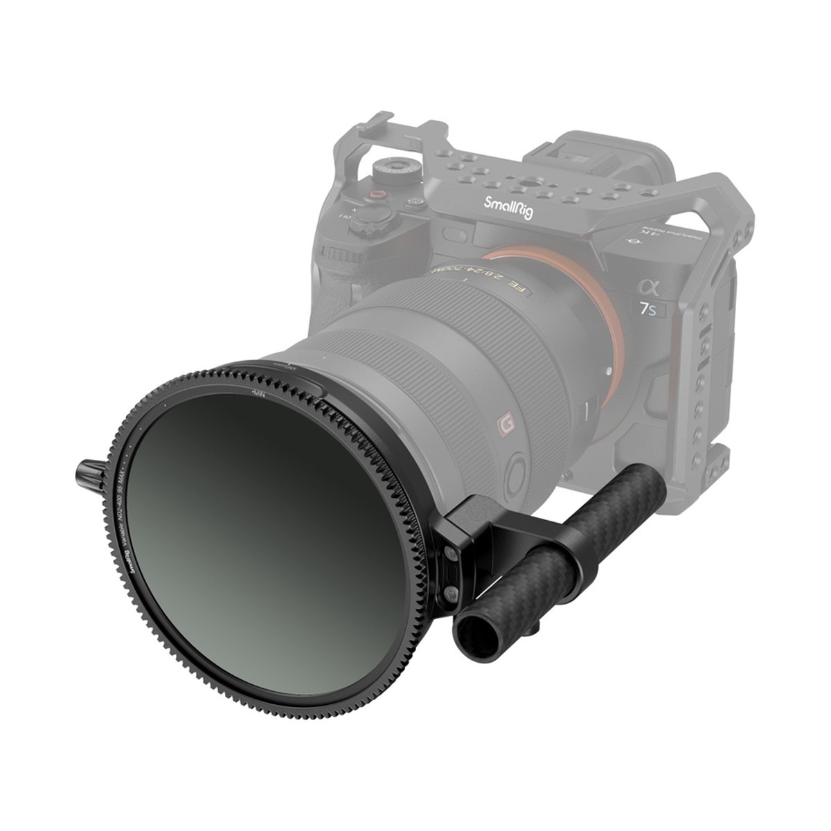 SmallRig 3864 CPL-VND Filterkit 95 mm mit Rod Clamp - Detailansicht: Variabler ND-Filter mit drehbarem Hebel und Carbonstange am Kameraobjektiv.