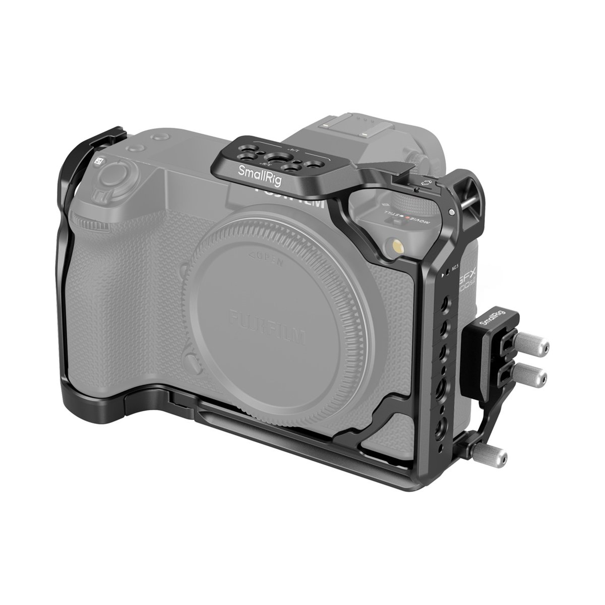 SmallRig 4715 Cage Kit für Fujifilm GFX100S II - Anwendungsbeispiel: SmallRig Kamera-Cage montiert an Fujifilm Kamera, schräge Vorderansicht. SmallRig 4715 Cage Kit für Fujifilm GFX100S II - Anwendungsbeispiel: SmallRig Kamera-Cage montiert an Fujifilm Kamera, schräge Vorderansicht.