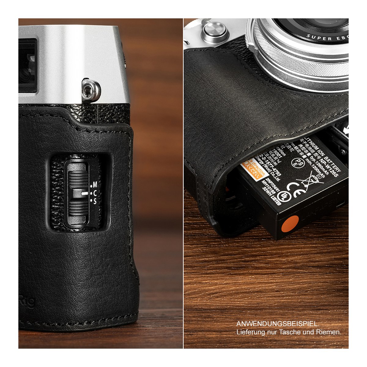 SmallRig 4700 Leather Half Case Kit schwarz, für Fujifilm X100VI - Detailansicht Kameratasche: Fokuswahlschalter & offenes Akkufach mit Batterie