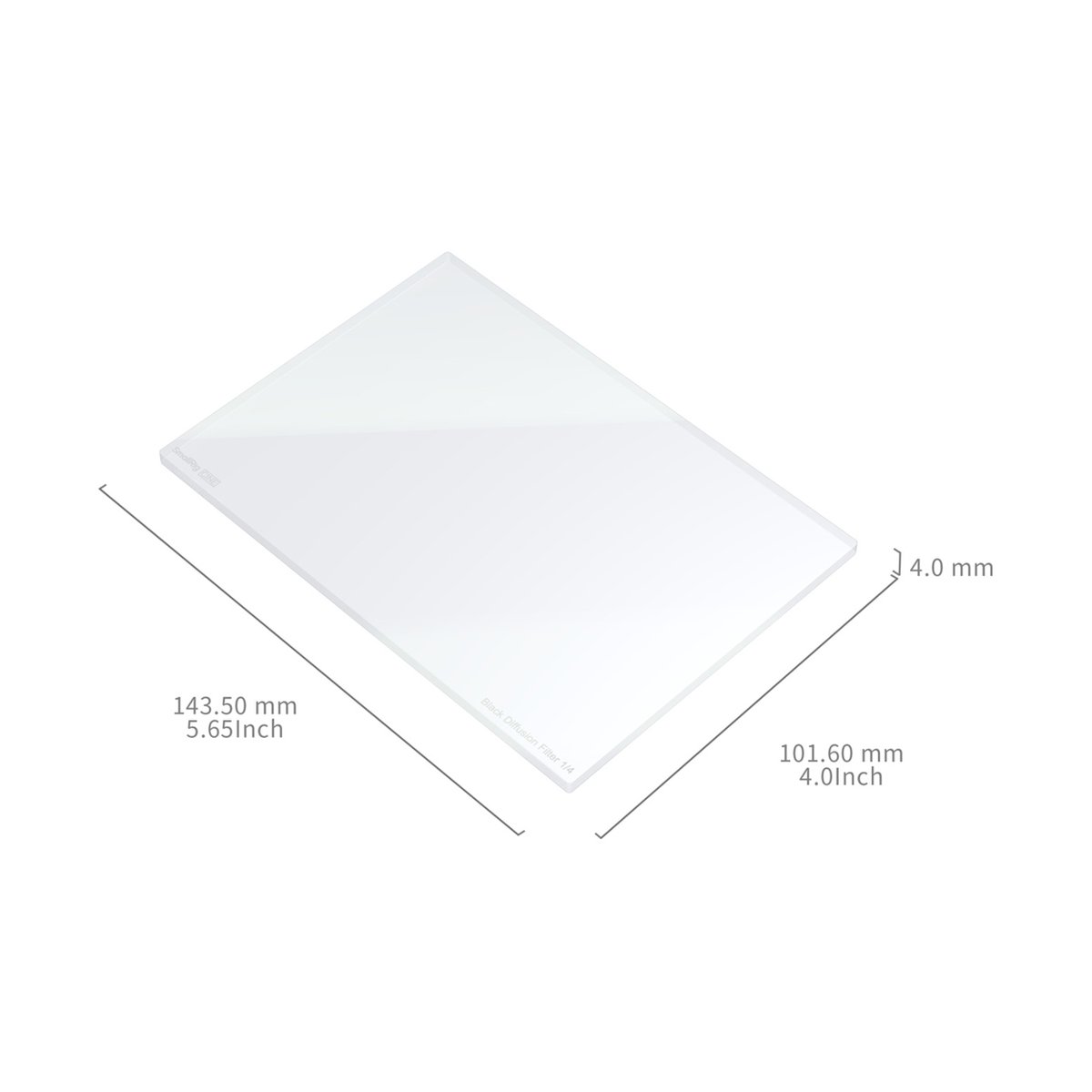 SmallRig 4742 CINE 4x5,65 weißer Diffusionsfilter 1/4 - Perspektivansicht des Black Diffusion Filters 1/4 mit Abmessungen