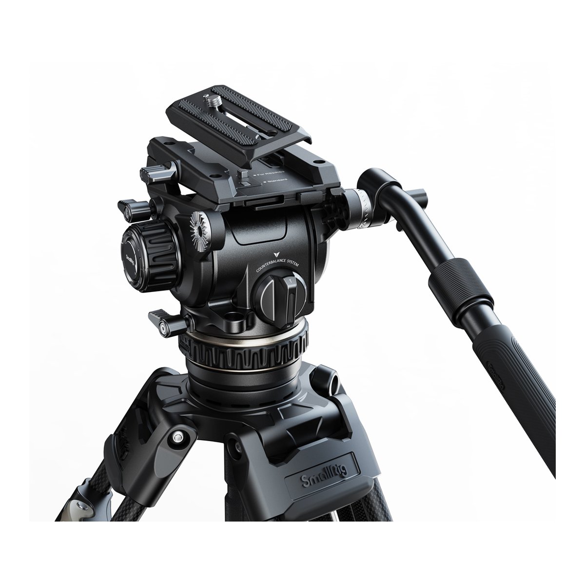 SmallRig 4463 Heavy-Duty Carbon Fiber Tripod Kit AD-120 - Detailansicht des schwarzen Fluid-Videostativkopfs mit Schnellwechselplatte und Stativbeinen.