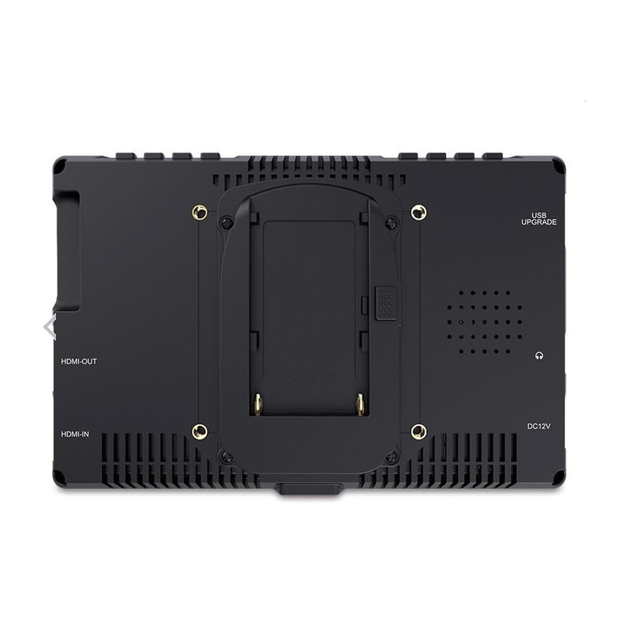 Feelworld 7" 4K FW279 Ultra Bright HDMI Monitor - Rückansicht des schwarzen Monitors mit HDMI-Anschlüssen, USB-Upgrade, DC12V und Akkuplatte. Feelworld 7" 4K FW279 Ultra Bright HDMI Monitor - Rückansicht des schwarzen Monitors mit HDMI-Anschlüssen, USB-Upgrade, DC12V und Akkuplatte.