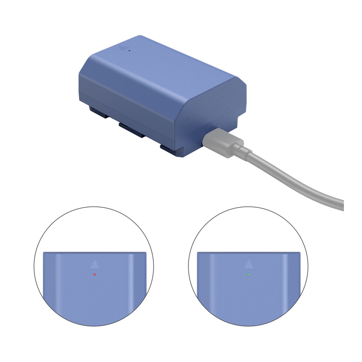 SmallRig 4265B NP-FZ100 USB-C aufladbare Kamerabatterie - Funktionsansicht Ladeanzeige: Blauer Akku mit roten und grünen LED-Details.