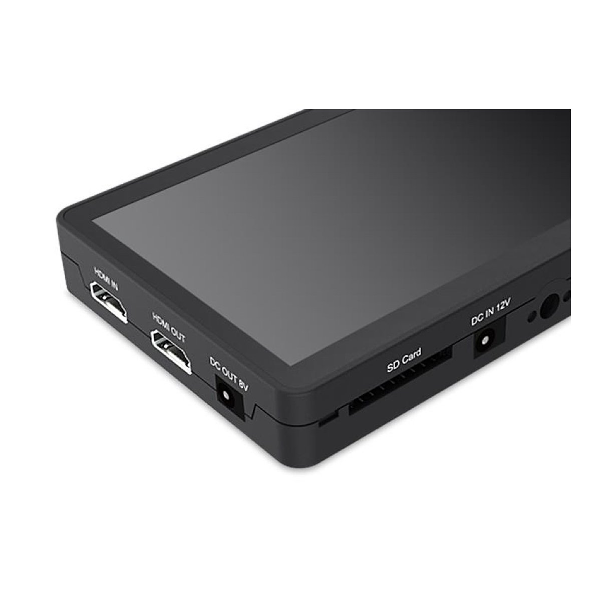 Feelworld 6" 4K F6 Plus V2 HDMI Touch Screen monitor with LUT's - Seitenansicht mit HDMI-, DC- und SD-Kartenanschlüssen eines schwarzen Monitors Feelworld 6" 4K F6 Plus V2 HDMI Touch Screen monitor with LUT's - Seitenansicht mit HDMI-, DC- und SD-Kartenanschlüssen eines schwarzen Monitors