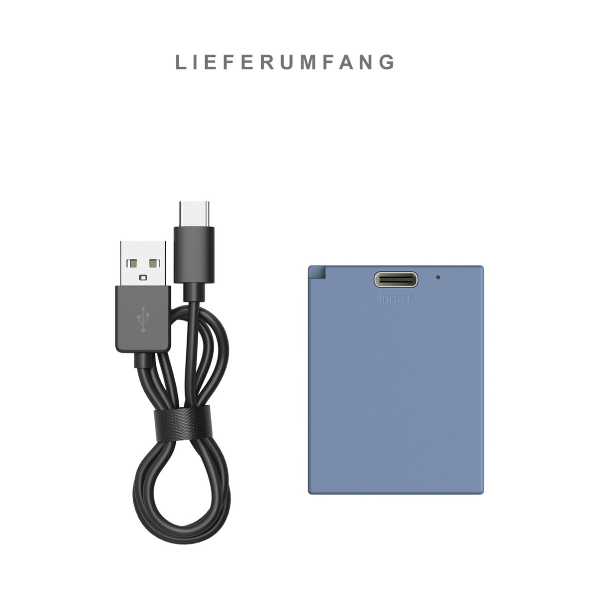 SmallRig 5062 NPW126S USB-C Rechargeable Camera Battery, Li-Ion Akku blau - Lieferumfang: USB-Ladekabel und blaues Gerät.