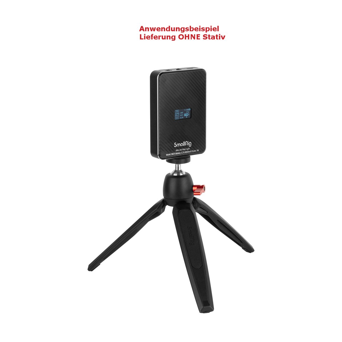 SmallRig 3290 RM75 RGBWW Videolicht - Anwendungsbeispiel: SmallRig LED-Videoleuchte auf Stativ mit eingeschaltetem Display