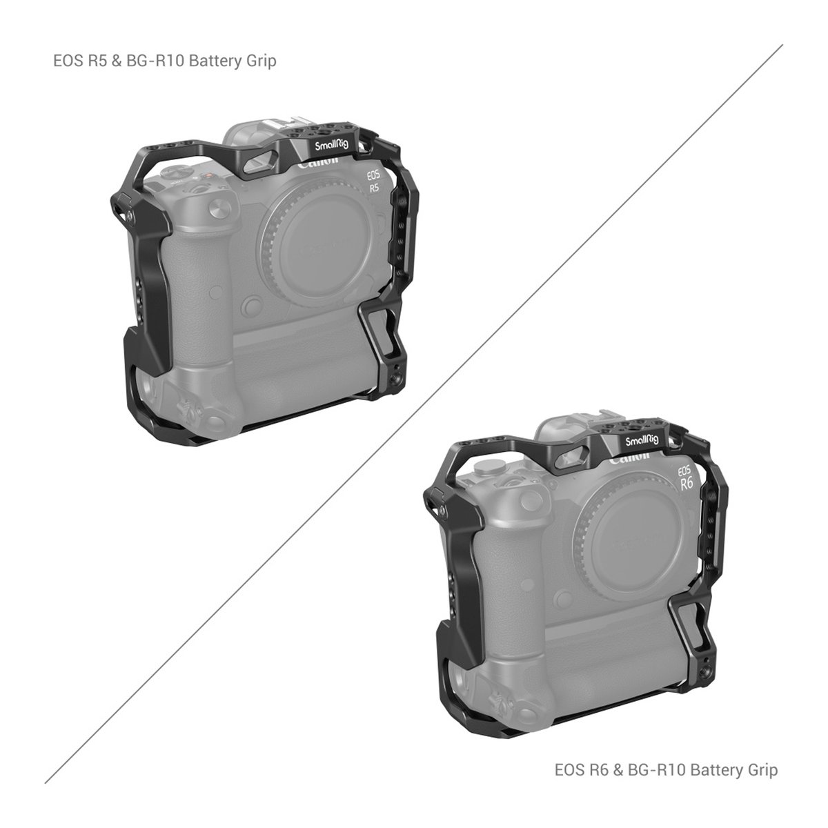 SmallRig 3464B Cage für Canon EOS R5/R6/R5C/R6 Mark II mit BG-R10 - SmallRig Kamera-Cages auf Canon EOS R5 und R6 mit Batteriegriff, Schrägansicht vorne. SmallRig 3464B Cage für Canon EOS R5/R6/R5C/R6 Mark II mit BG-R10 - SmallRig Kamera-Cages auf Canon EOS R5 und R6 mit Batteriegriff, Schrägansicht vorne.