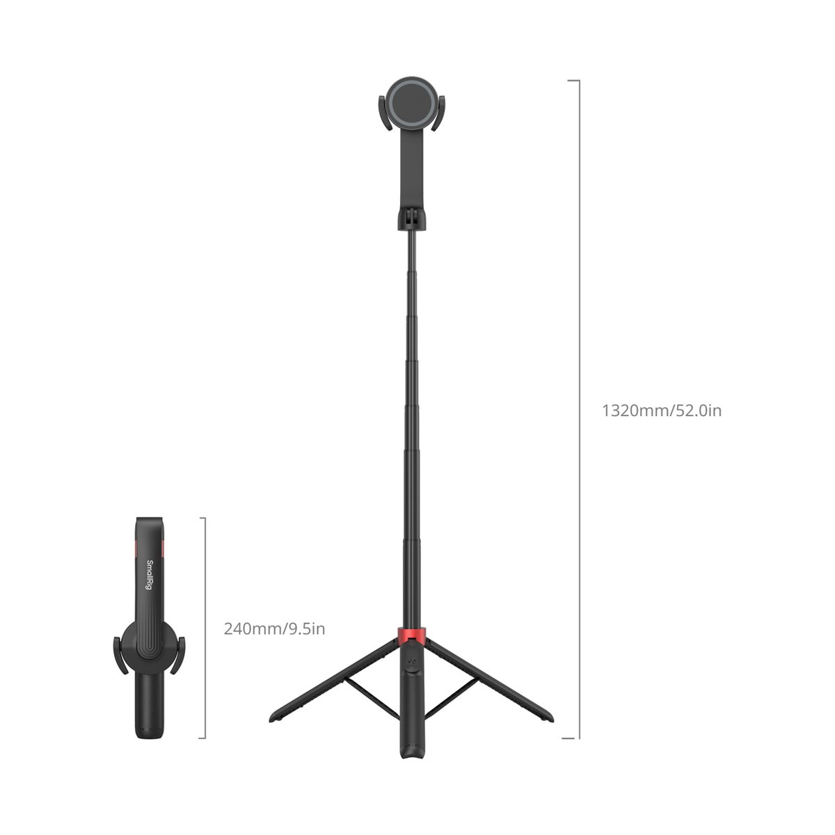 SmallRig 4731 ST-25 Pro schwarz Selfie Stick Stativ - Größenvergleich des Selfie-Sticks/Stativs: Eingefahren (240mm) und ausgefahren (1320mm) mit Maßen.