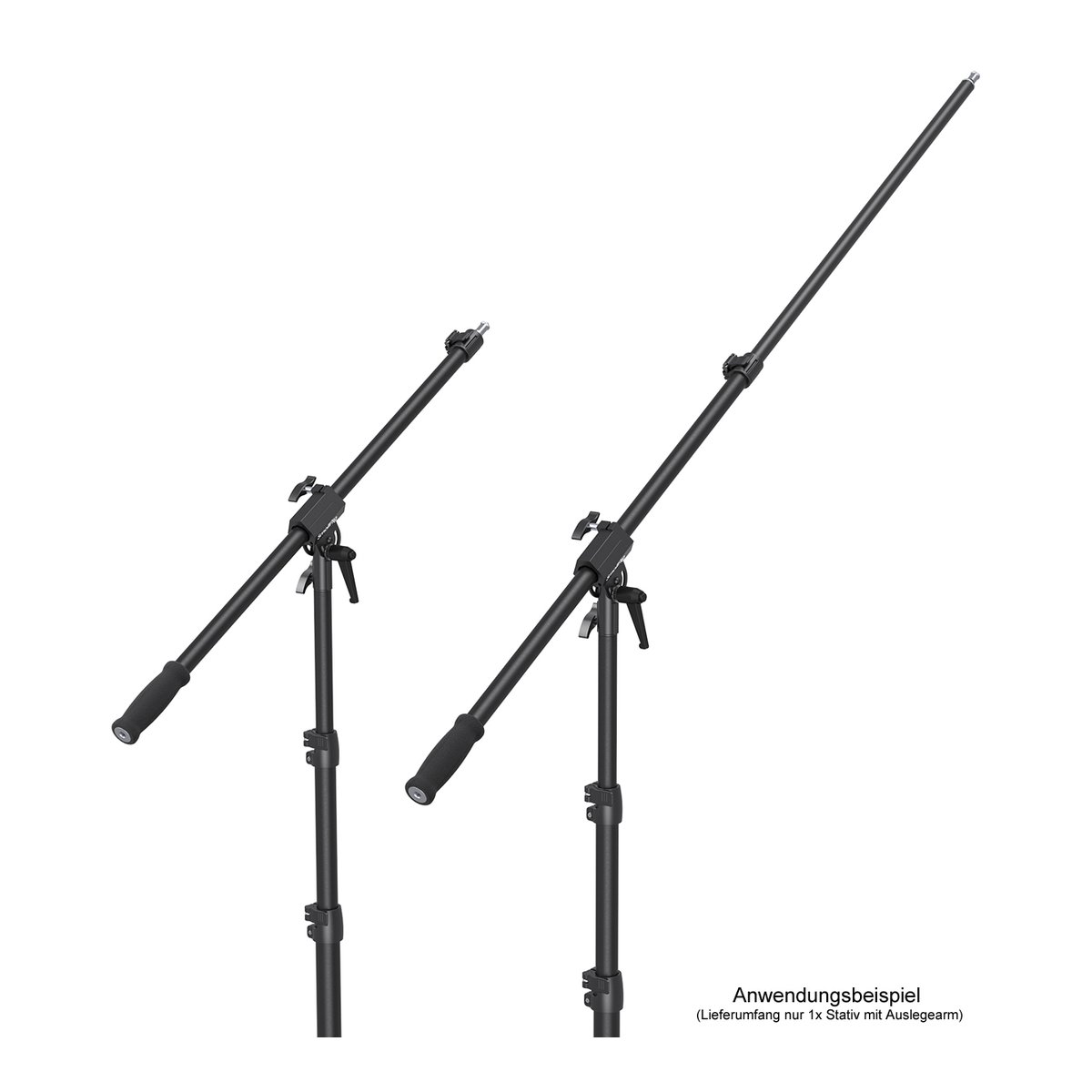 SmallRig 3737 RA-S280A Leuchtenstativ mit Arm, luftgepolstert - Anwendungsbeispiel: Zwei schwarze Galgenstative in verschiedenen Höhen, eines voll ausgefahren.