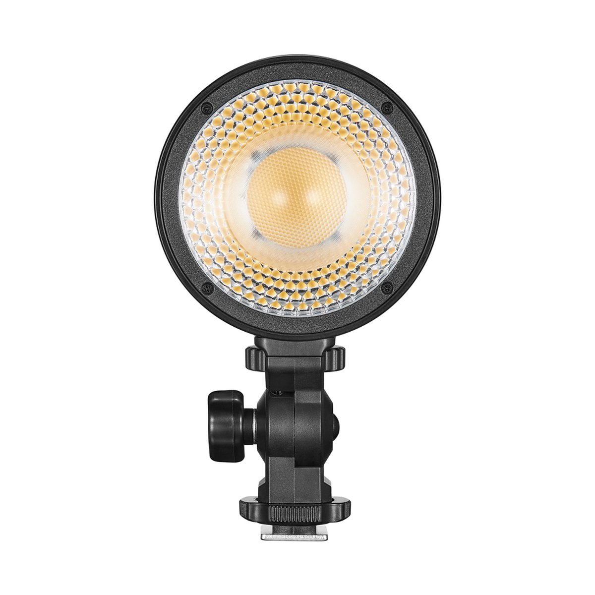 Godox Litemons LED Tabletop Video Light Double Light Kit - Frontansicht: Runde LED-Leuchte mit warmweißem Lichtfeld und Blitzschuh.