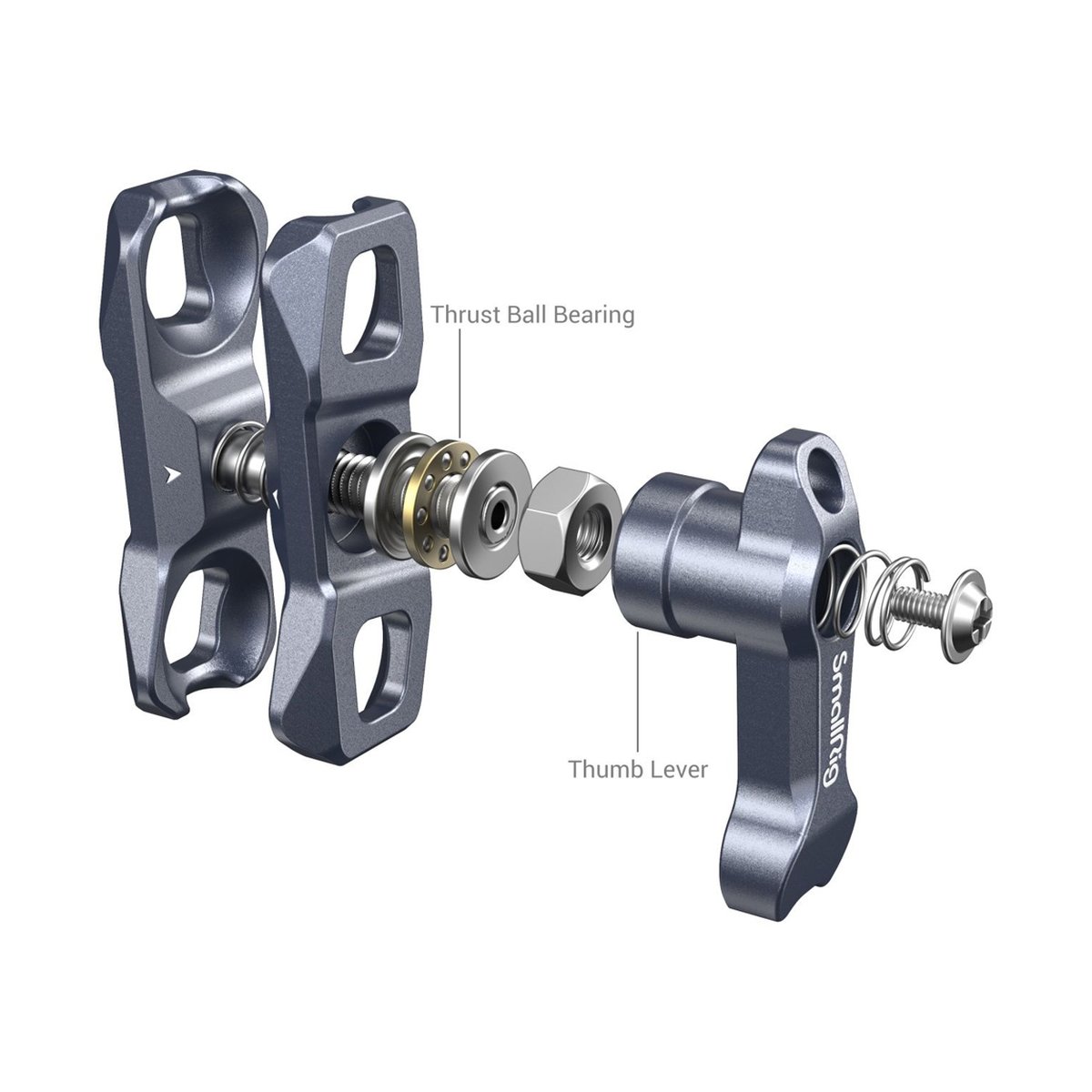 SmallRig 3873 Magic Arm mit Doppelkugelkopf (1/4"-20-Schrauben) - Explosionszeichnung der SmallRig Super Clamp mit beschrifteten Komponenten: Schubkugellager und Daumenhebel. SmallRig 3873 Magic Arm mit Doppelkugelkopf (1/4"-20-Schrauben) - Explosionszeichnung der SmallRig Super Clamp mit beschrifteten Komponenten: Schubkugellager und Daumenhebel.