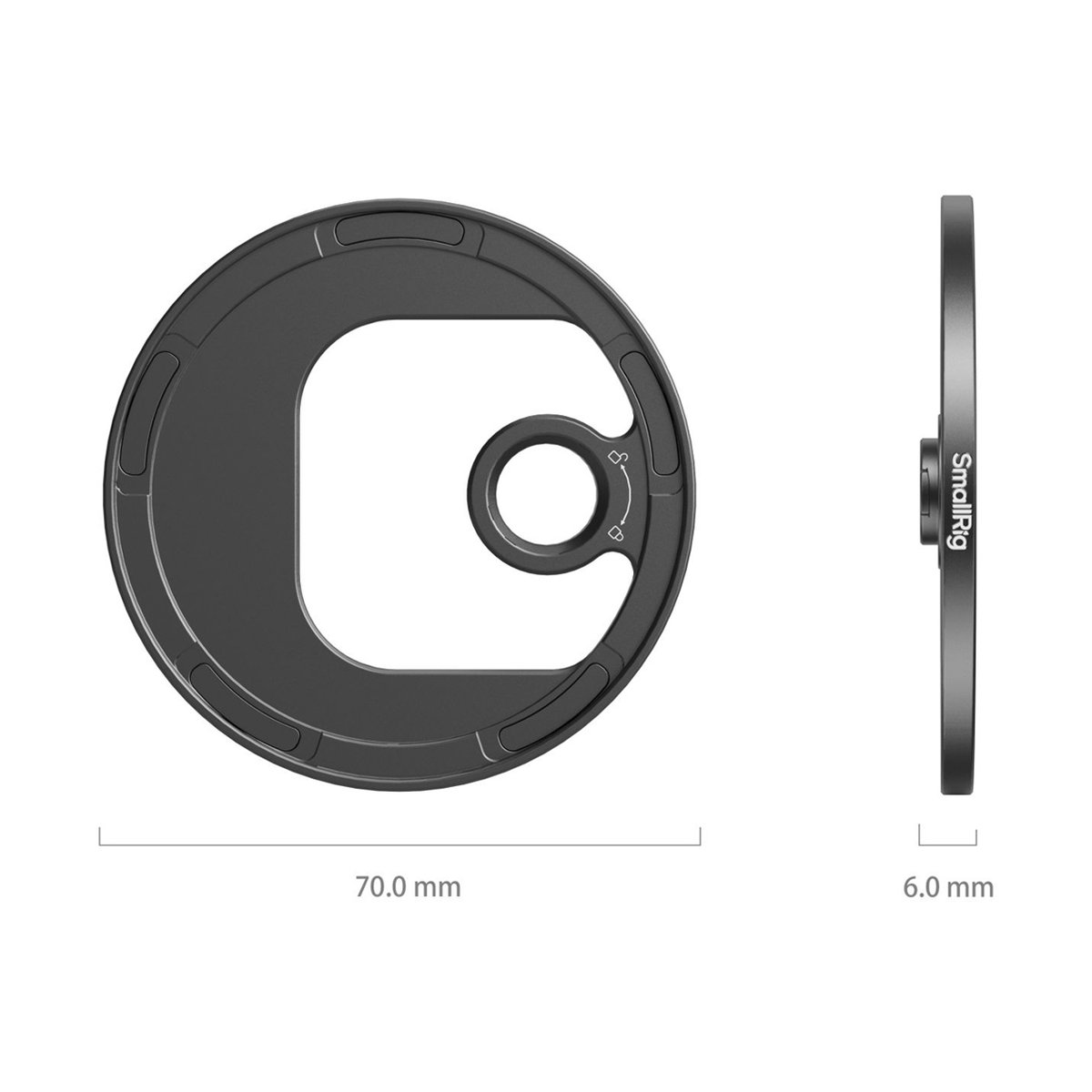 SmallRig 4585 Attachable Filter Adapter (T-Mount) 67 mm - Abmessungen eines schwarzen, C-förmigen Kameraadapters: 70 mm Durchmesser, 6 mm Dicke, Draufsicht & Seitenansicht.