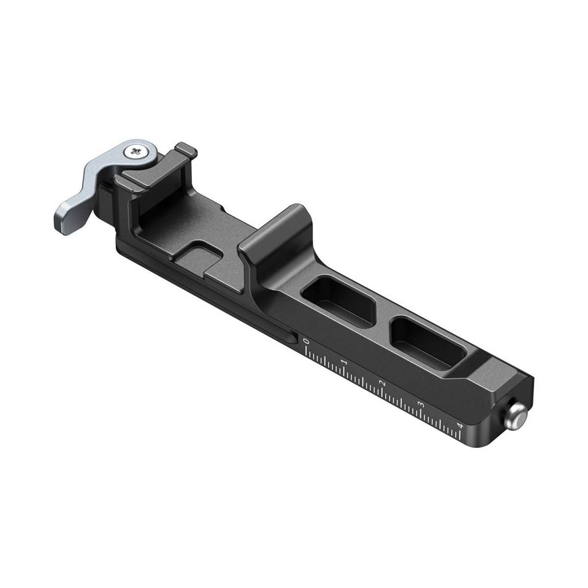 SmallRig 4196 Verlängerter vertikaler Arm für DJI RS 3 Mini - Perspektivansicht einer schwarzen Schnellwechselplatte mit Klemmhebel und Messskala.