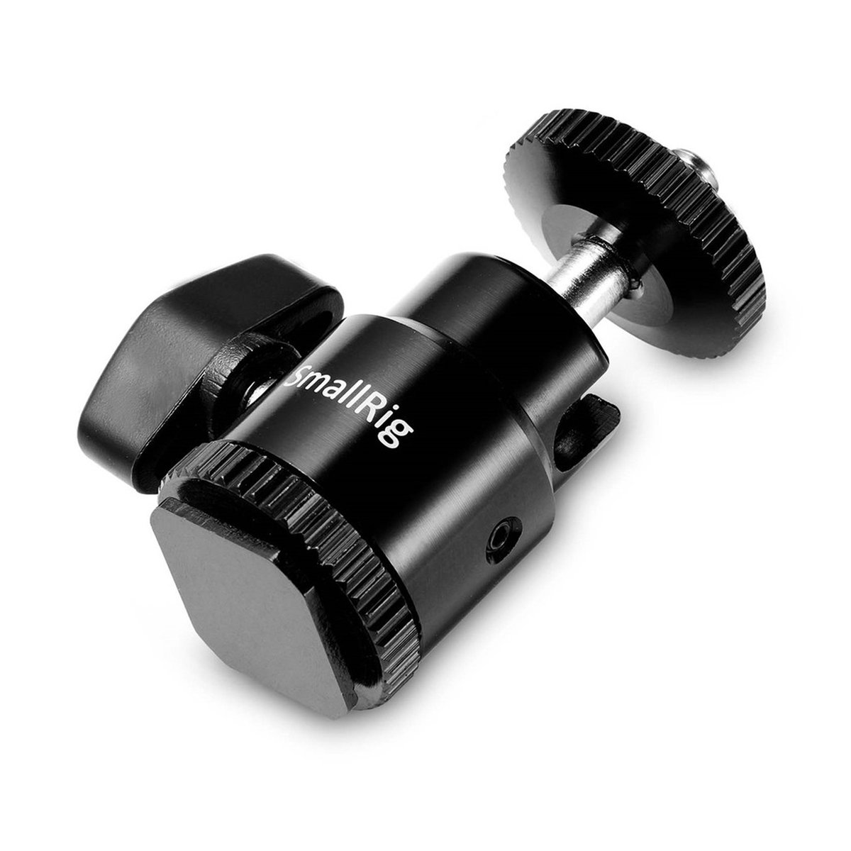 SmallRig 761 Blitzschuhbefestigung 1/4" - Schrägansicht der schwarzen SmallRig Kugelgelenk-Klemme mit Logo.