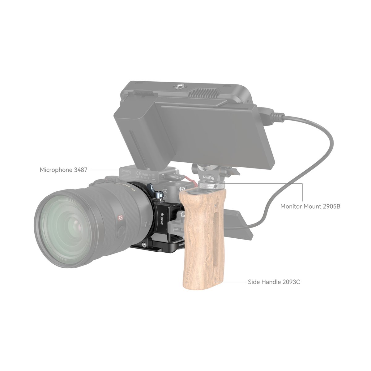 SmallRig 4570 Horizontal-to-Vertical Mount Plate Kit f. Sony Alpha 7C II/7CR - Montagebeispiel: Kamera-Setup mit Mikrofon, Monitorhalterung und Holz-Seitengriff.