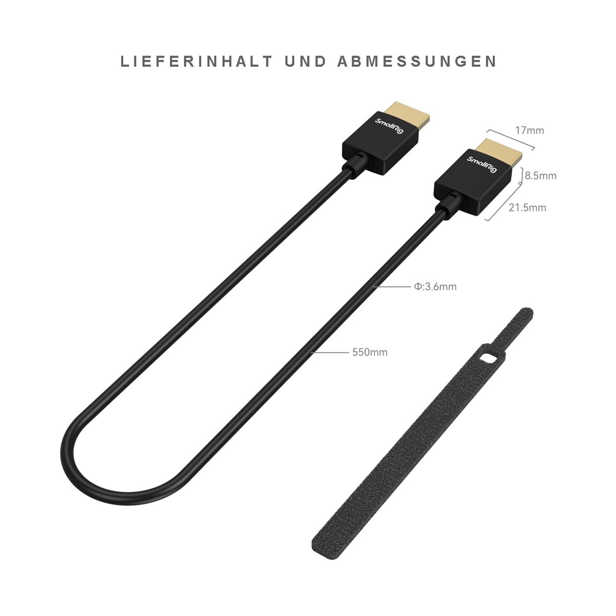 SmallRig 2957B Ultra Slim 4K HDMI 2.0 Kabel 55 cm (Typ A zu Typ A) - Lieferumfang und Abmessungen: HDMI-Kabel und Klettverschluss