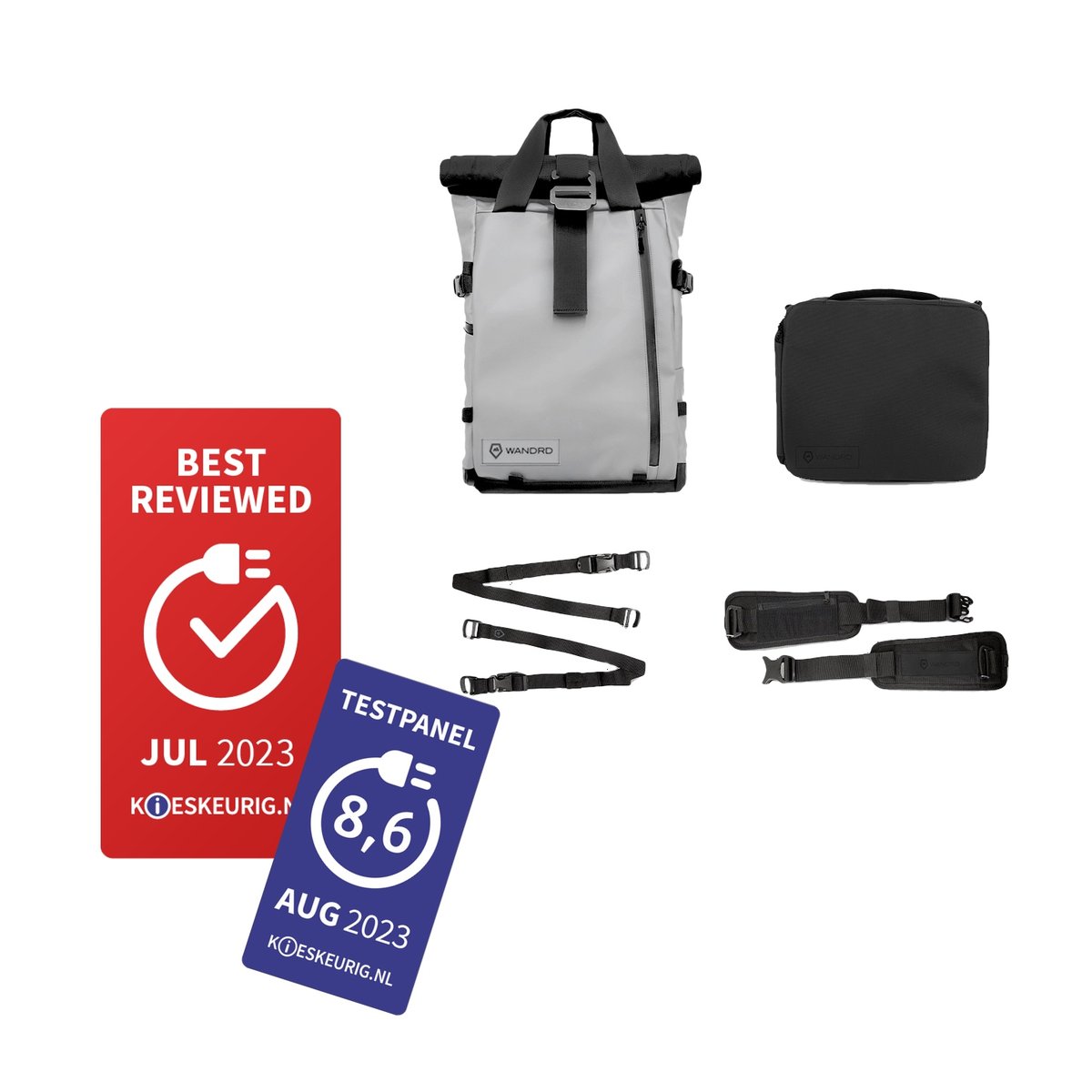 WANDRD PRVKE 21-Liter DisNet Grey Photo Bundel V3 - Lieferumfang: Grauer Rucksack, schwarze Zusatztasche, verschiedene Gurte und Produktbewertungs-Abzeichen. WANDRD PRVKE 21-Liter DisNet Grey Photo Bundel V3 - Lieferumfang: Grauer Rucksack, schwarze Zusatztasche, verschiedene Gurte und Produktbewertungs-Abzeichen.