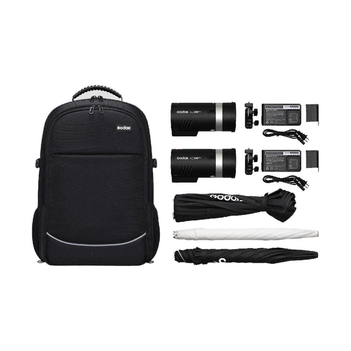 Godox AD300Pro Set mit 2 Köpfen - LIEFERUMFANG: Godox AD200 Blitze, Akkus, Ladegeräte, Schirme und Rucksack.