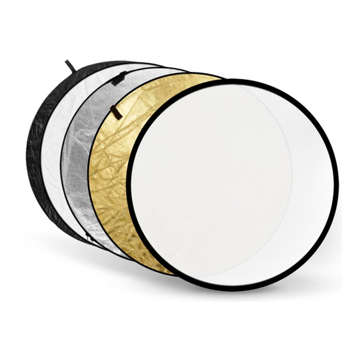 Godox 5-in-1 Reflectiescherm Goud, Zilver, Zwart, Wit, Transparant - 110cm - Ansicht aller 5 Reflektor-Oberflächen: Gold, Silber, Weiß, Schwarz, Diffusor
