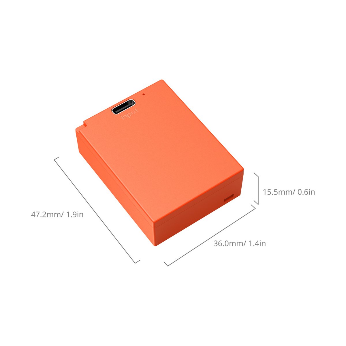SmallRig 5088 NPW126S USB-C Rechargeable Camera Battery, Li-Ion Akku orange - Draufsicht des orangefarbenen Geräts mit Abmessungen und Input-Anschluss.