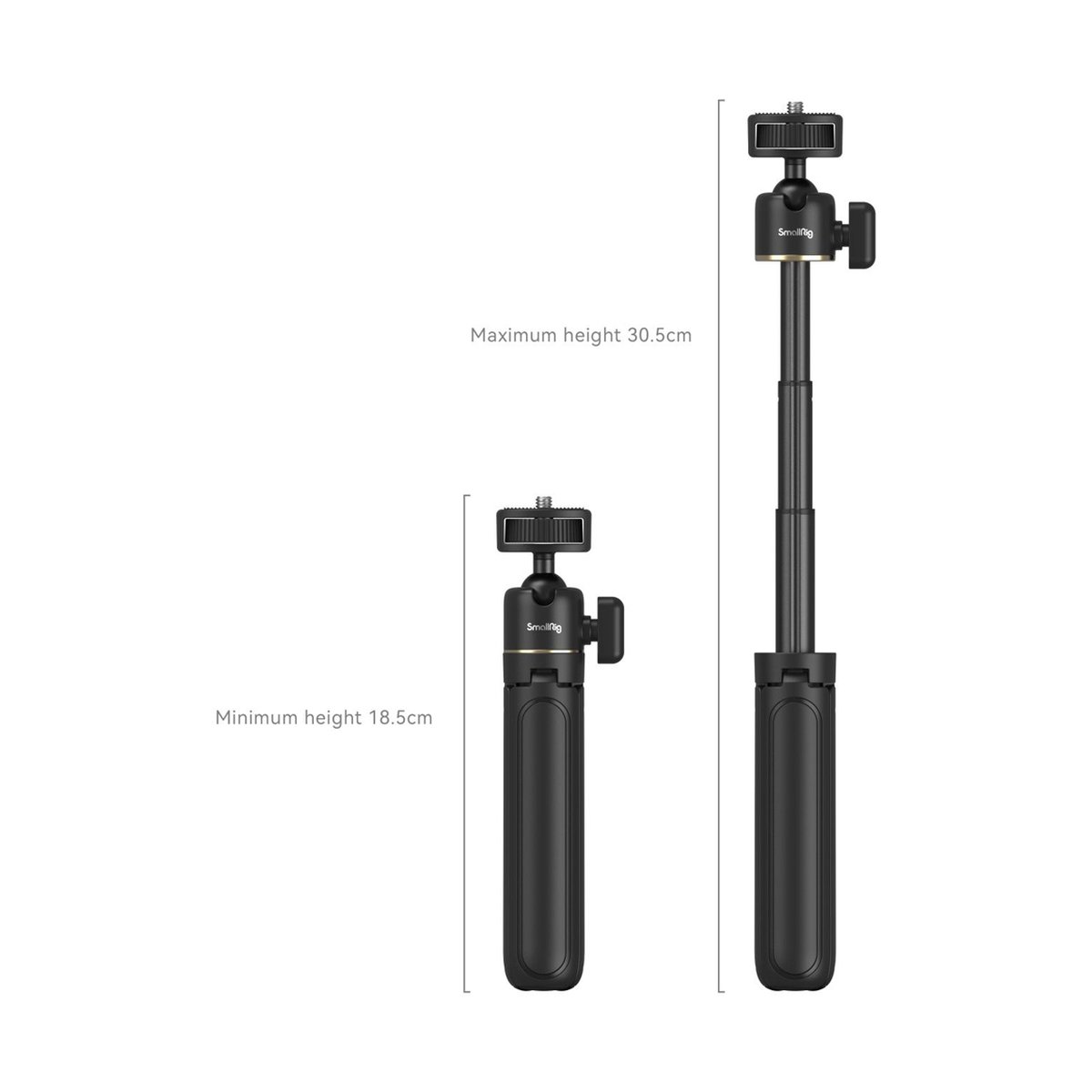 SmallRig 4369 Smartphone Vlog Stativ Kit VK-50 Erweiterte Version - Höhenansicht: Produkt eingefahren (18.5cm) und ausgefahren (30.5cm)