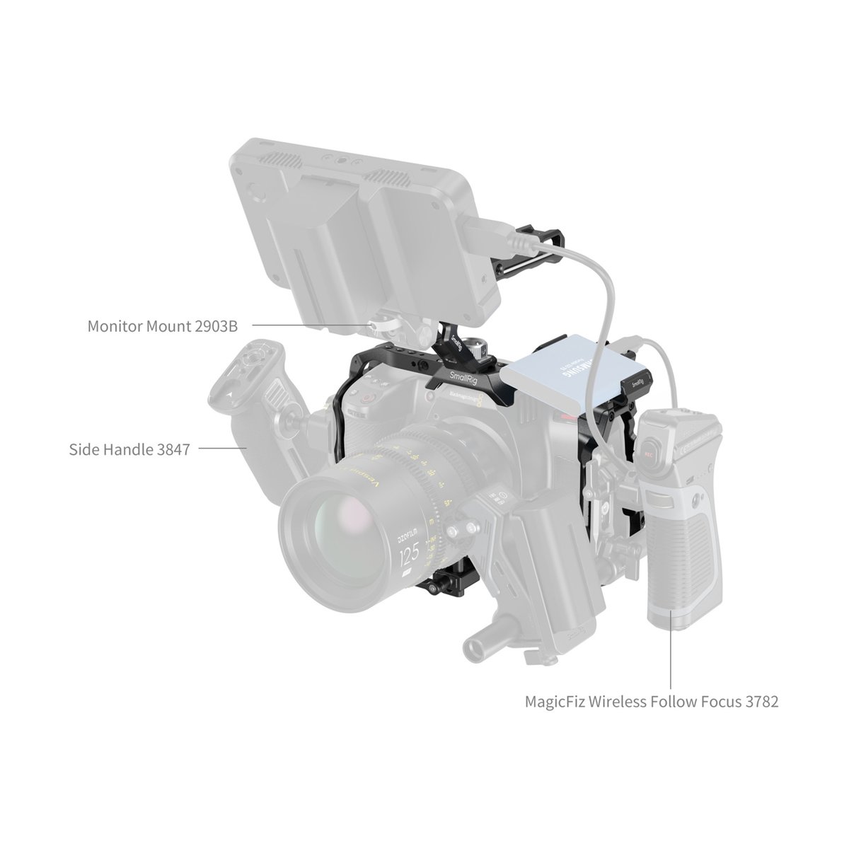 SmallRig 4574 Basic Cage Kit f. BMCC 6K (Vollformat) - Anwendungsbeispiel eines Kamerarigs mit Monitorhalterung, Seitengriff und drahtlosem Follow Focus. SmallRig 4574 Basic Cage Kit f. BMCC 6K (Vollformat) - Anwendungsbeispiel eines Kamerarigs mit Monitorhalterung, Seitengriff und drahtlosem Follow Focus.