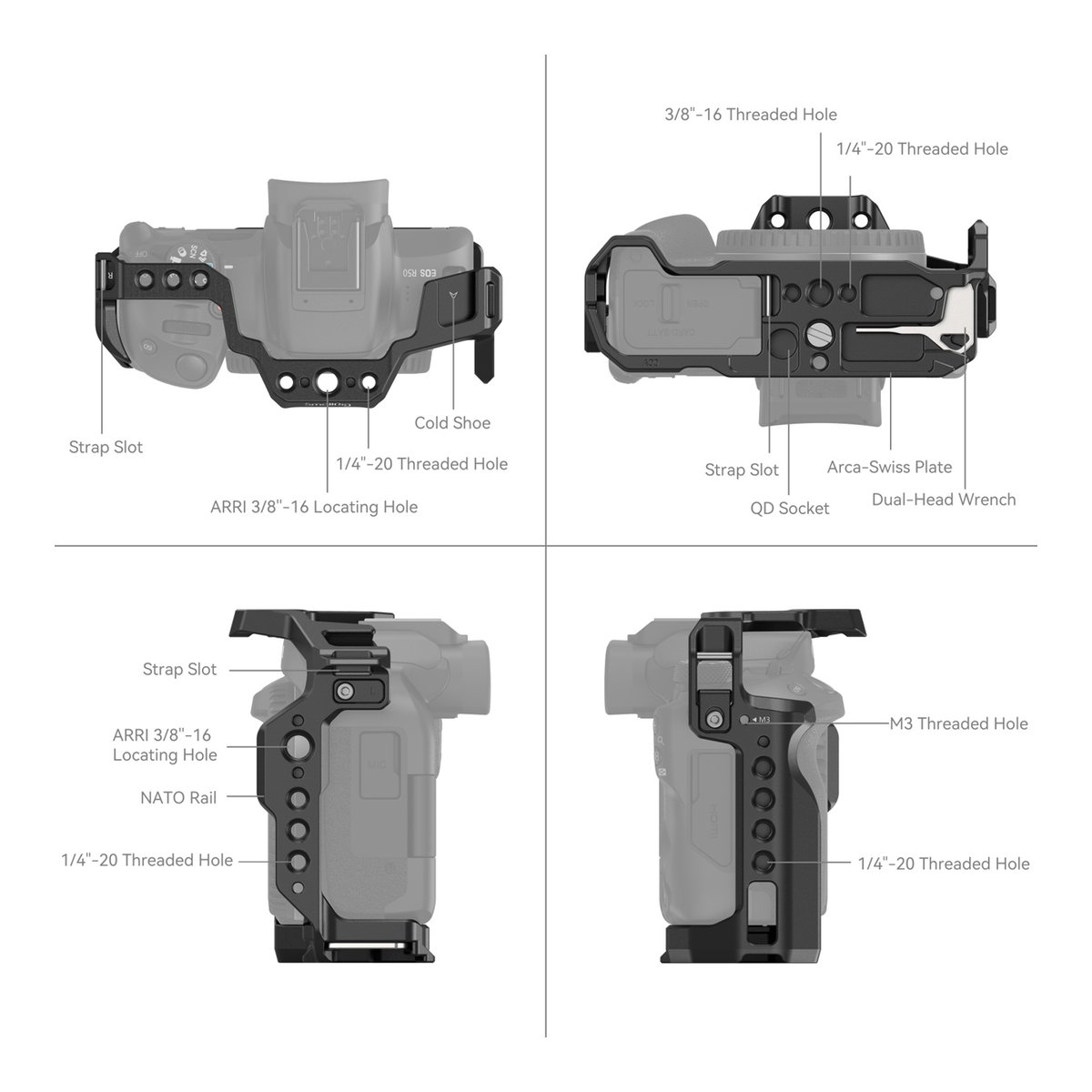 SmallRig 4214 Cage für Canon EOS R50 - Produktdetailansicht der Kamera-Cage mit beschrifteten Befestigungspunkten und Anschlüssen.