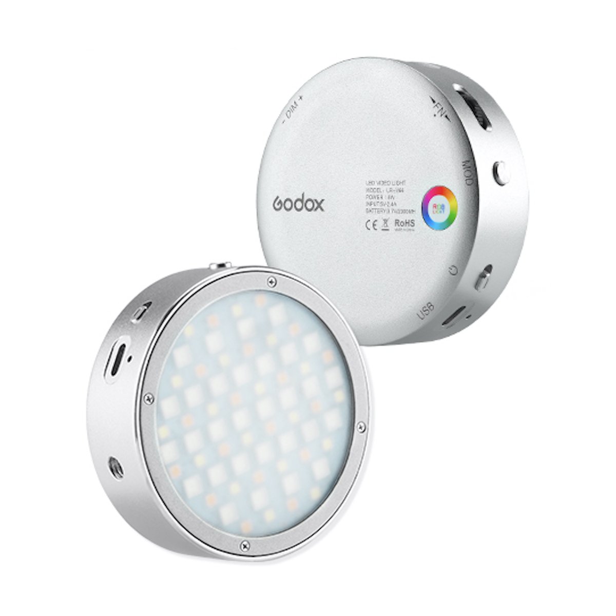 Godox R1 RGB Round Head LED Silber - Front- und Rückansicht eines runden Godox LED-Lichts
