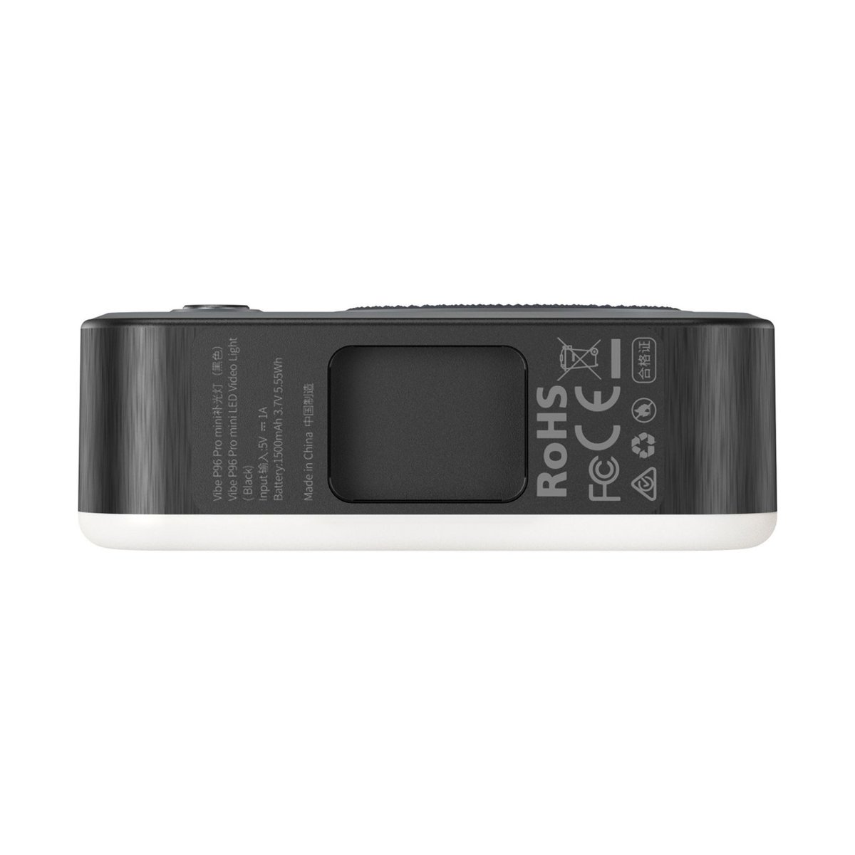 SmallRig 4660 Vibe P96 Pro Mini schwarz LED-Videolicht - Detailansicht der Unterseite mit technischen Angaben und Zertifizierungen