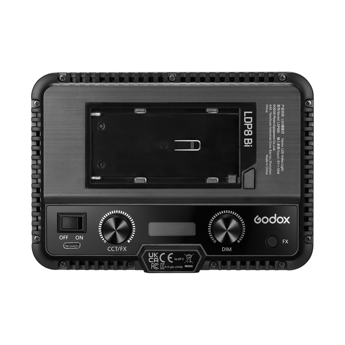 Godox LDP8Bi Streaming Slim Panel Light - Rückansicht des Godox LDP8Bi LED-Videolichts mit Akkuschacht und Bedienelementen.