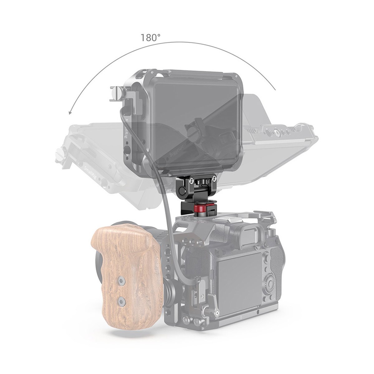 SmallRig 2100 DSLR-Monitorhalter mit NATO-Klemme - Anwendungsbeispiel: Monitor am Kamera-Rig um 180° schwenkbar