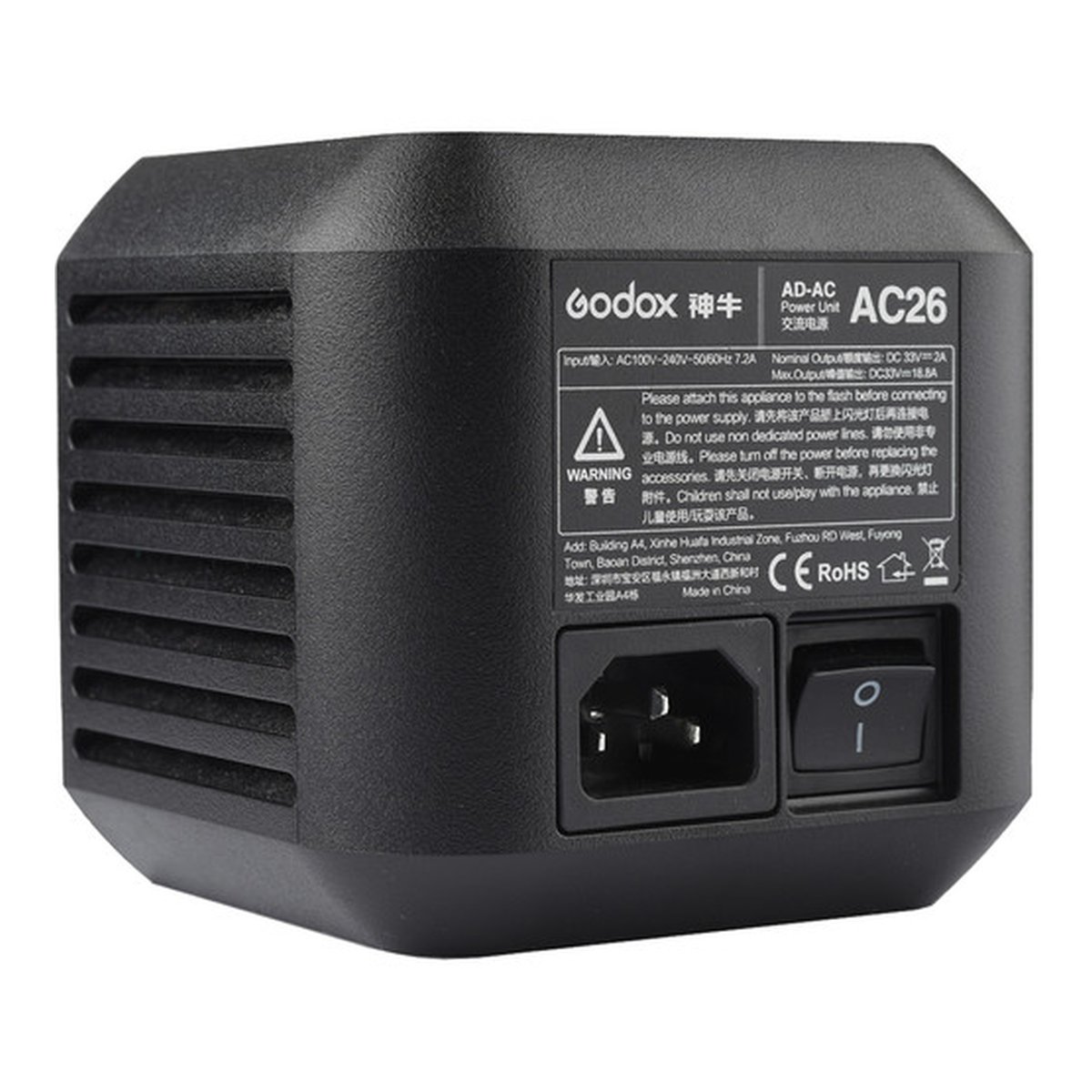 Godox AD600PRO AC-Netzadapter - Rückansicht Godox AD-AC Power Unit AC26 mit Anschlüssen und Spezifikationen