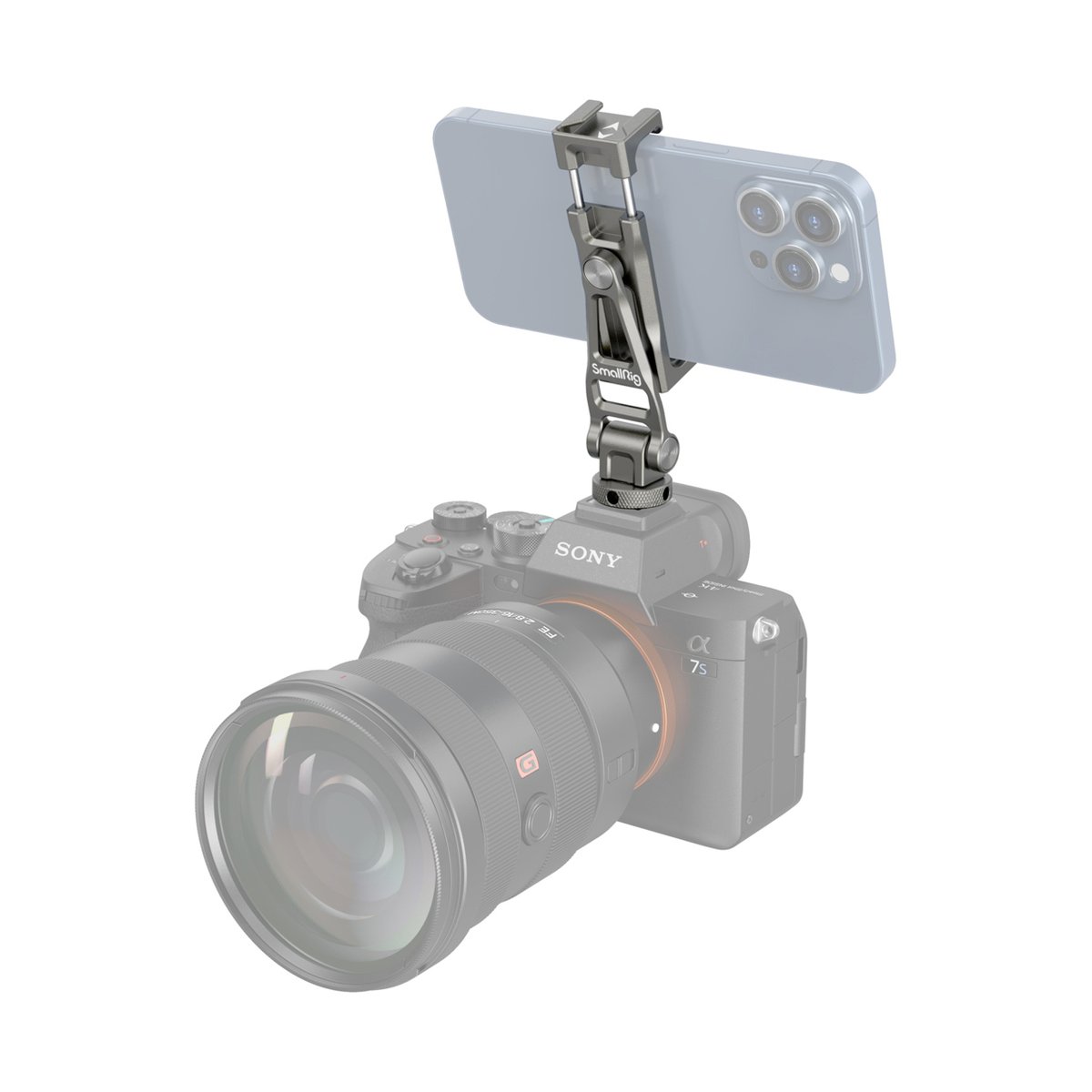 SmallRig 3559 Smartphone-Halterung multifunktional - Anwendungsbeispiel: Smartphone-Halterung auf einer Kamera mit befestigtem Smartphone, Seitenansicht.