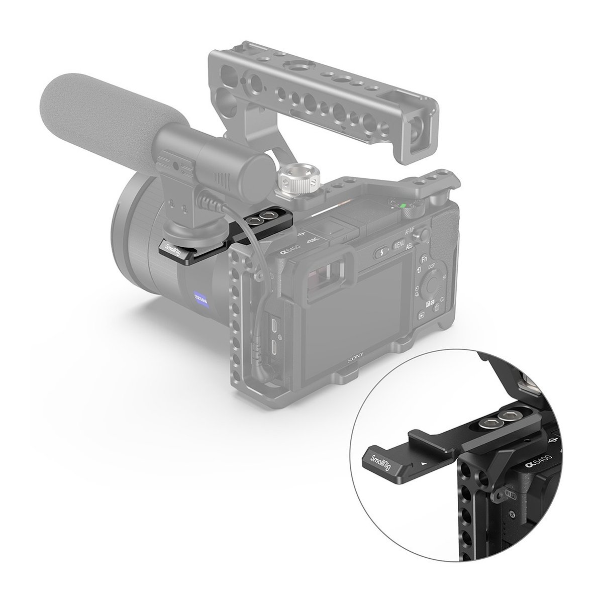SmallRig 2879 Blitzschuherweiterung zur Mikrofonbefestigung an Cages - Anwendungsbeispiel: Kamera mit SmallRig Cage, Mikrofon und Kabelmanagement. Detail Kabelklemme. SmallRig 2879 Blitzschuherweiterung zur Mikrofonbefestigung an Cages - Anwendungsbeispiel: Kamera mit SmallRig Cage, Mikrofon und Kabelmanagement. Detail Kabelklemme.