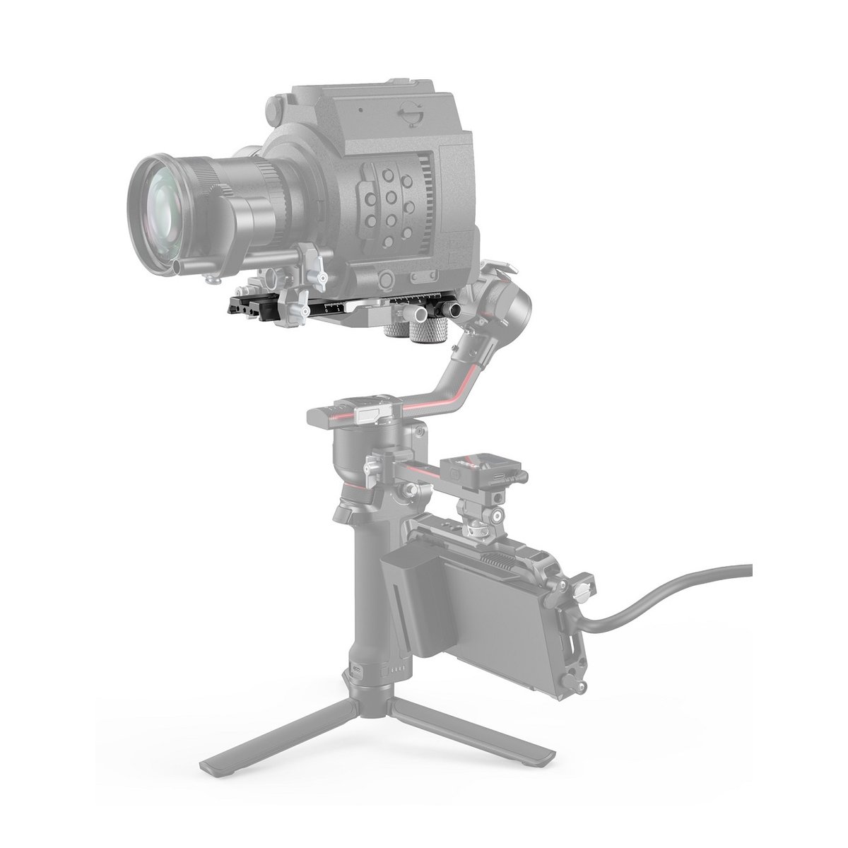 SmallRig 3031B Erweiterte QR-Platte für DJI RS 2 / Ronin-S / RS 3 / RS 3 Pro - Anwendungsbeispiel: Kamera auf Gimbal mit Fokus auf der Schnellwechselplatte.
