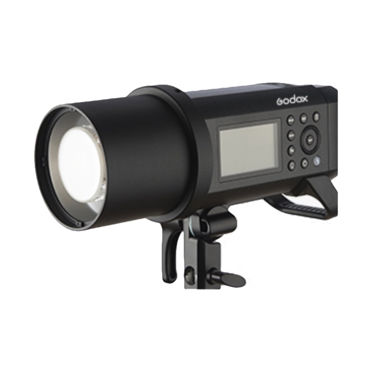 Godox Profoto Halterung für AD400/300 PRO - Godox Studioblitz, 3/4 Ansicht mit Leuchtkopf, Display und Bedienelementen.