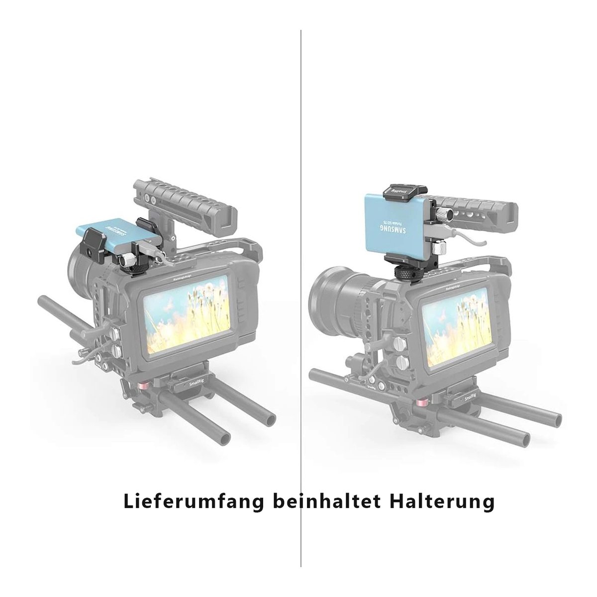 SmallRig 2343 Universal-Halterung für externe SSD - Anwendungsbeispiel: SSD-Halterung an Kamerarig montiert, Vorder- und Rückansicht