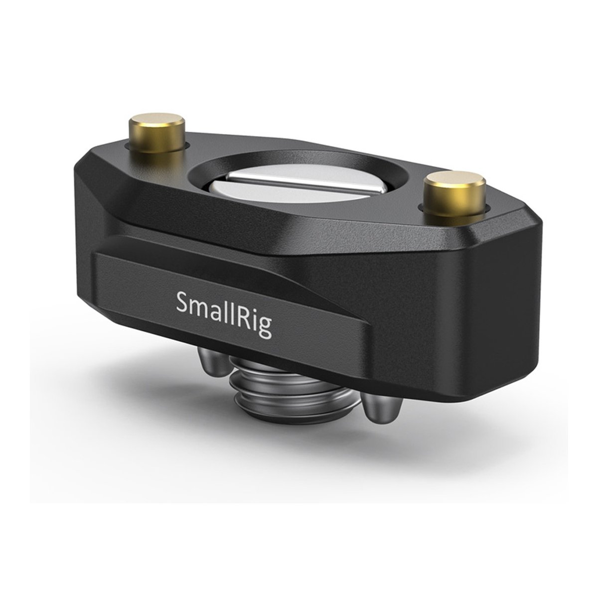 SmallRig 2501B NATO Rail mit ARRI Locating Stift 35 mm - Vorderansicht des SmallRig Blitzschuhadapters mit goldfarbenen Pins.