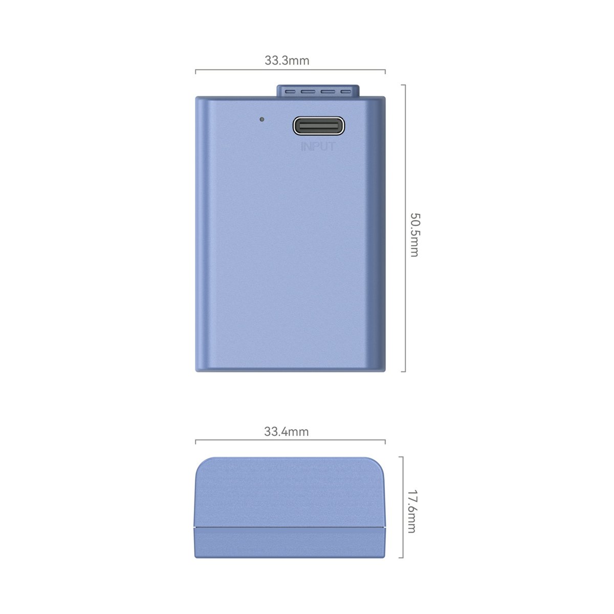 SmallRig 4333 EN-EL25 USB-C (Nikon) aufladbare Kamerabatterie - Maße und Ansichten des blauen Produkts: Vorder- und Seitenansicht mit Abmessungen.