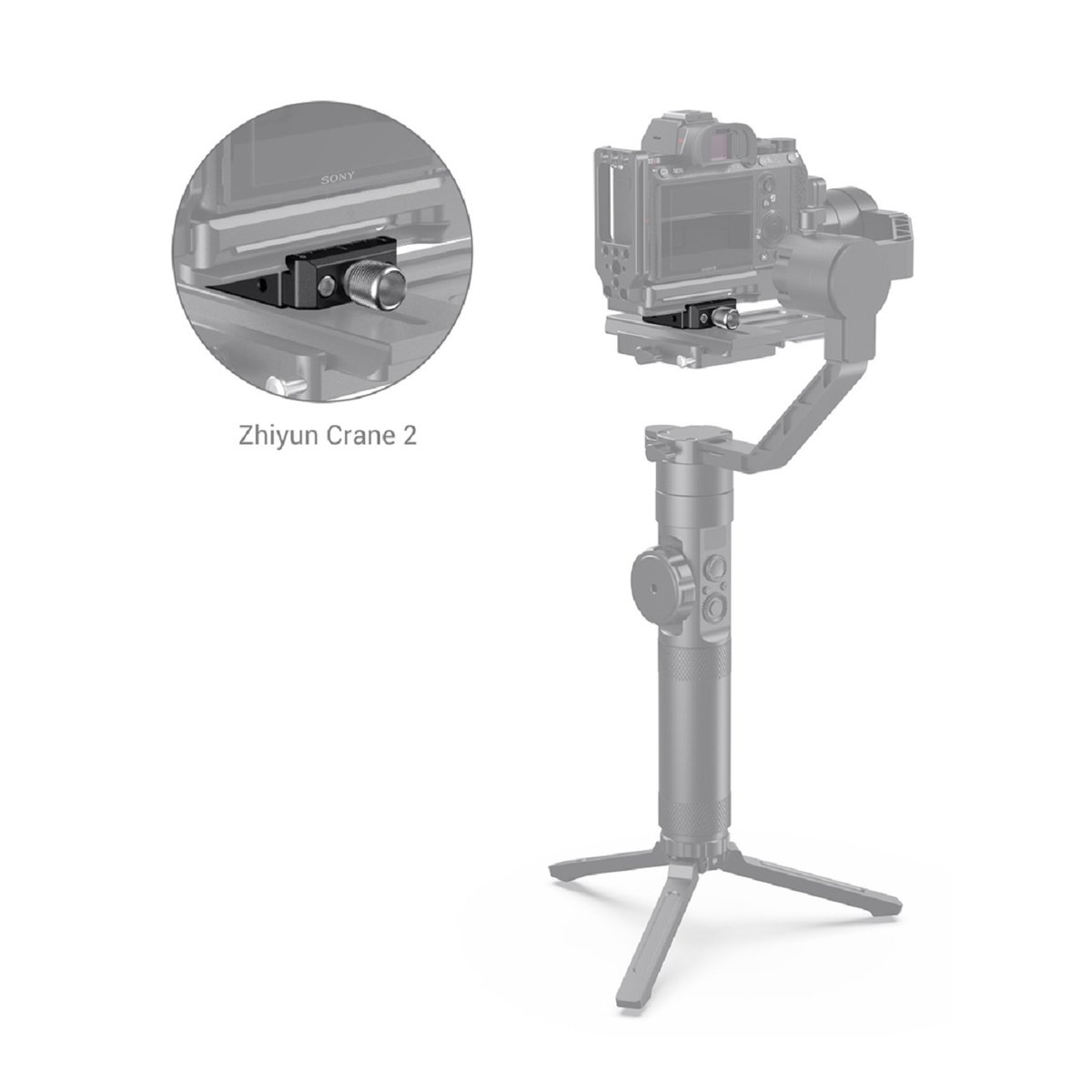 SmallRig 2506 Arca-Type QR Clamp für DJI Ronin S/SC, Zhiyun Cran-W Serie - Anwendungsbeispiel: Kamera auf Zhiyun Crane 2 Gimbal, Detailansicht Montageplatte SmallRig 2506 Arca-Type QR Clamp für DJI Ronin S/SC, Zhiyun Cran-W Serie - Anwendungsbeispiel: Kamera auf Zhiyun Crane 2 Gimbal, Detailansicht Montageplatte
