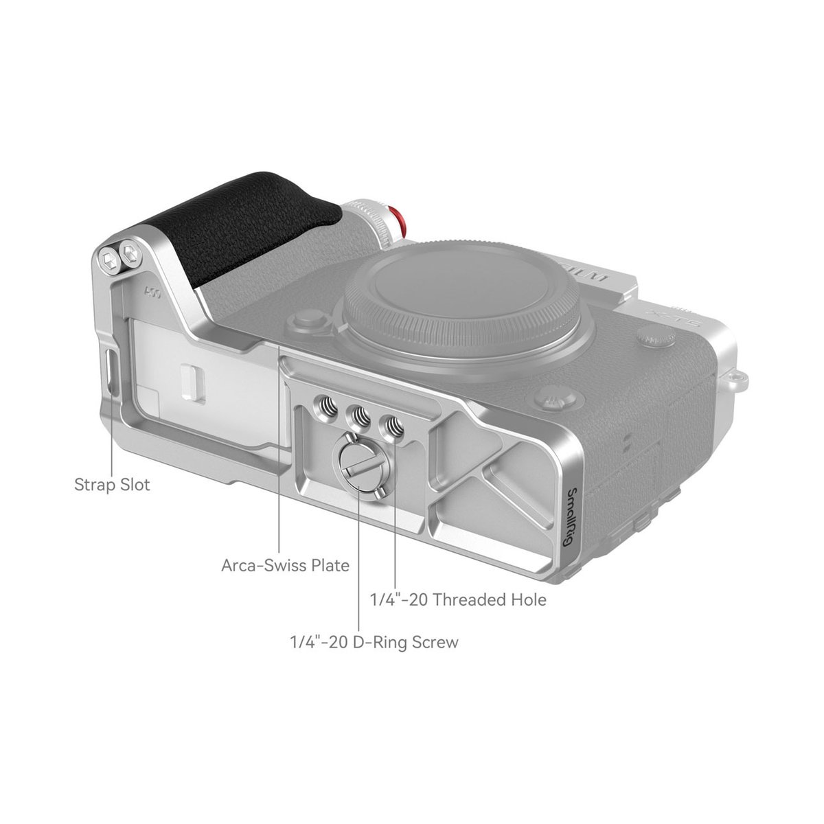 SmallRig 4136 L-Shape Griff für Fujifilm X-T5 - Technische Ansicht der Kamerabodenplatte mit beschrifteten Details: Arca-Swiss, Gurtöse, Gewindelöcher, D-Ring Schraube.